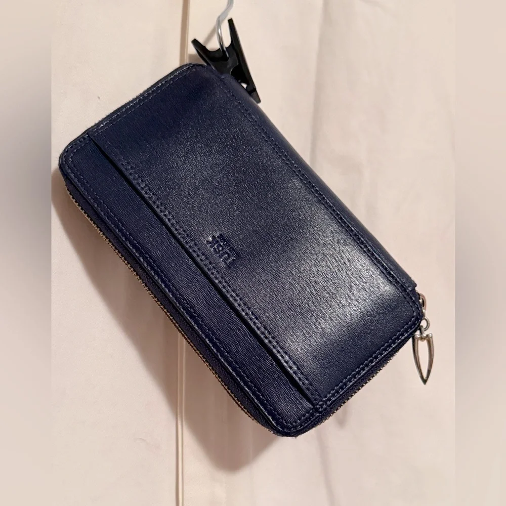 Tusk New York Navy Blue Leather Madison Double Zip Clutch 8
